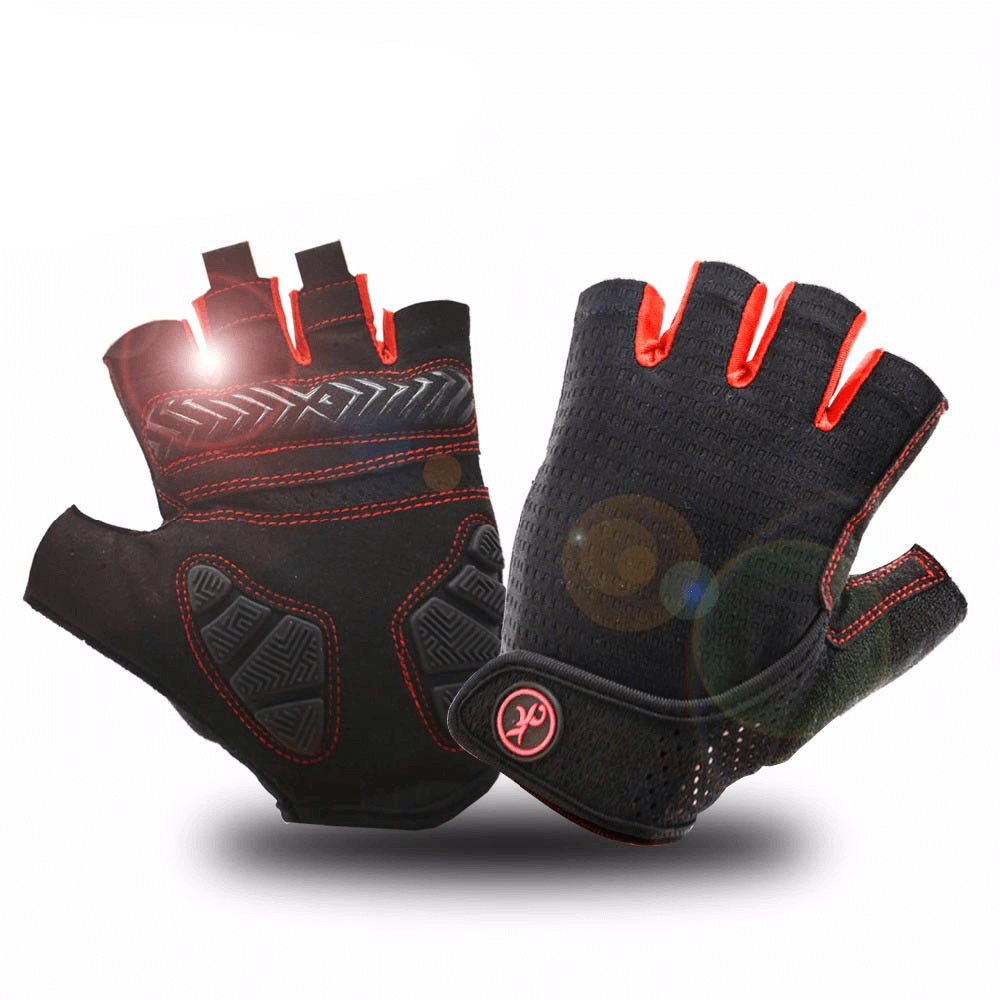 Anti-shock breathable half-finger motorcycle cycling gloves SF0535 with red accents, unisex design for outdoor adventures.